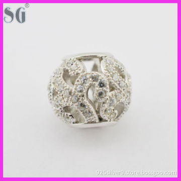 Sterling Silver Cute Woven Beads_Rhodium Plated Beads Fit Euro Style Bracelets_Shiny Flower Pattern With Clear CZ Beads